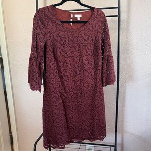 Garnet Hill Burgundy Lace Midi Dress with Scallop Sleeves